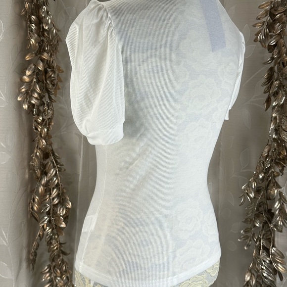 Floerns White Puff Sleeve Mock Neck Ribbed Top - Medium Layering Essential Basic - Picture 5 of 13